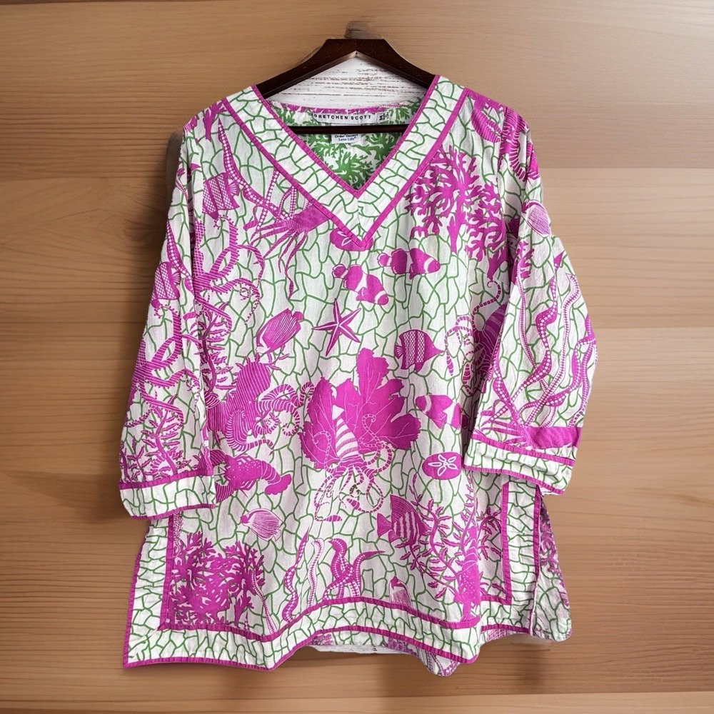 Gretchen Scott Cotton Tunic M Pink Green V-Neck Resort Cruise Coastal Beachy